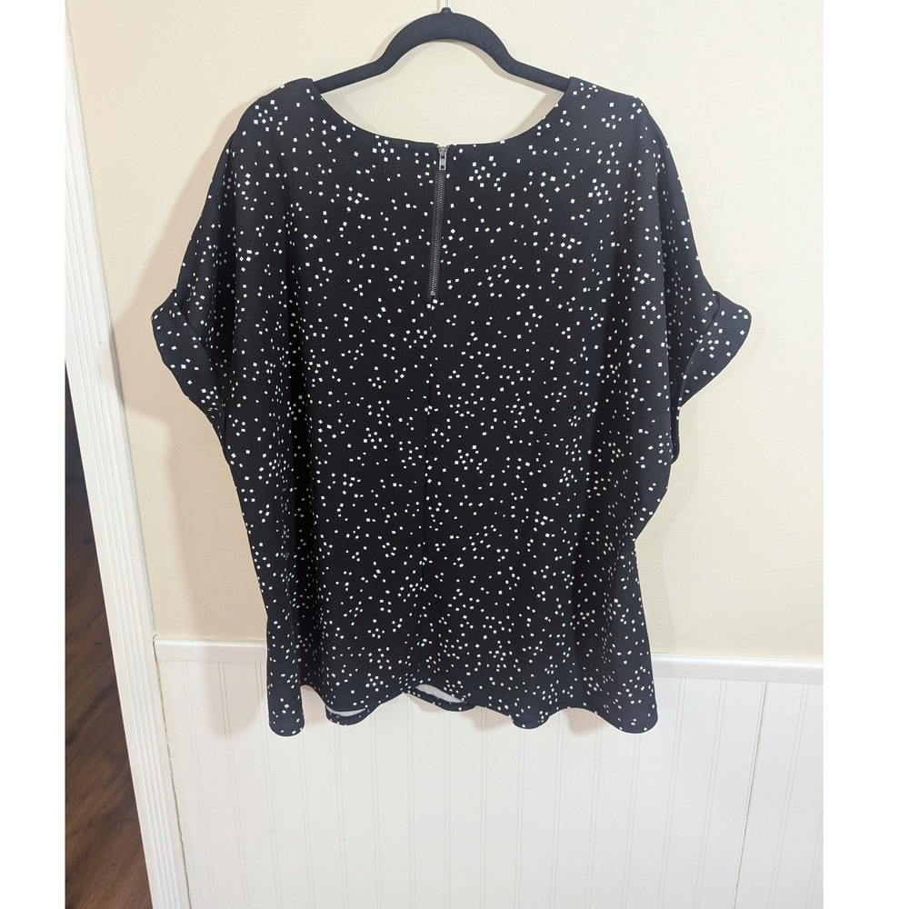 Melloday Womens 3X Black White Square Polka‎ Dot V-Neck Zipper Back Blouse NWT